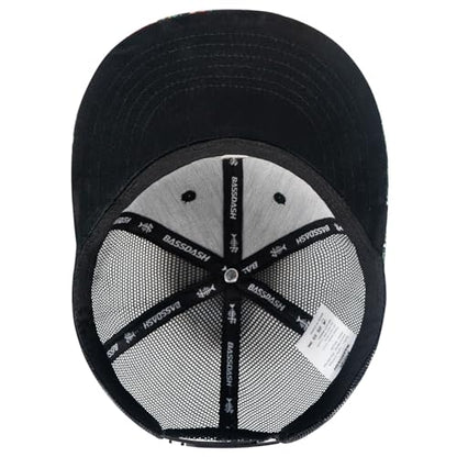 BASSDASH Flat Brim Trucker Cap Adjustable Snapback Hat Mesh Back for Men Women - color: Black/Tropical Flower