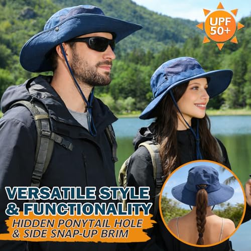 Cooling Sun Bucket Hat, UPF 50+ Wide Brim Boonie Hat with Ponytail Hole - color: 01 Navy Blue