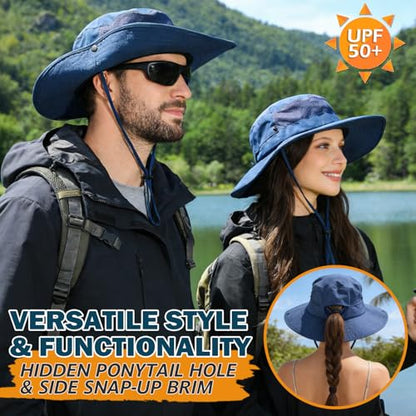 Cooling Sun Bucket Hat, UPF 50+ Wide Brim Boonie Hat with Ponytail Hole - color: 01 Navy Blue