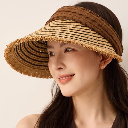 Straw Sun Visor Summer UV Protection Packable Wide Brim Beach Hat Ponytail Women - color: B-coffee