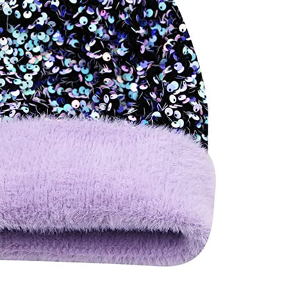 Women Sparkly Sequins Knitted Beanie Hat Warm Winter Skull Cap with Faux Fur Pom Pom - color: Purple