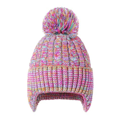 FENELY Girls Boys Winter Hat 3-12, Children's Warm Knitted Earflaps Beanie with Pom Pom Thicken Fleece Lining Cap for Kids - color: Rainbow Mix