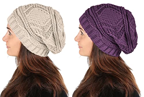 Lilax Knit Slouchy Oversized Soft Warm Winter Beanie Hat - color: Beige/Purple - 2 Pack