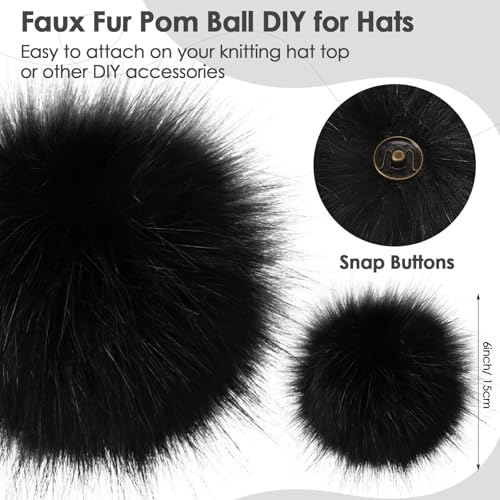 Juinte 4 Pcs 6 Inch Large Fur Pom Pom Balls for Hats, Light Black - color: Light Black