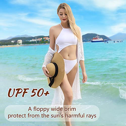 Beach Hats for Women, UPF 50+ Packable Floppy Lace Trim Sun Hat - color: Beige