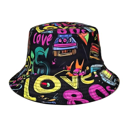 Printed Bucket Hat - Reversible Packable Summer Travel Beach Sun Cap for Men Women Teens - color: Love 80s