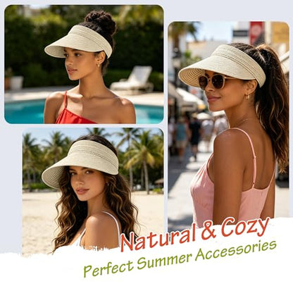 3 Pack Women Straw Sun Visor Hats, Wide Brim UV UPF 50+ Protection Beach Visor, Packable Adjustable Summer Hats for Traveling - color: Beige+beige+beige