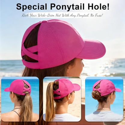 Women's Wide Brim Sun Hat with Ponytail Hole, UV Protection Criss Cross Sun Visor Hat, Lightweight & Quick-Drying Beach Cap - color: Hot Pink