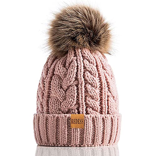 REDESS Women Winter Pompom Beanie Hat with Warm Fleece Lined Thick Slouchy Snow Knit Hat Skull Ski Cap - color: Dark Pink