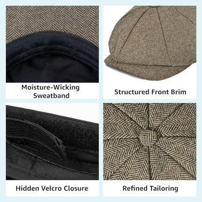 Mens Newsboy Cap High Woolen Tweed Gatsby Hat Ivy Cabbie Flat Golf Cap for Fathers Women Unisex - color: Herringbone Khaki, size: 7 1/8-7 1/4