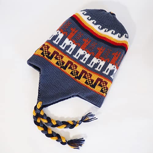 Alpaca Wool Blend Winter Hat Chullo Inca Peruvian Design Reversible with Earflaps. Beanie Medium Size. Unisex - color: Navy Blue/Steel Blue
