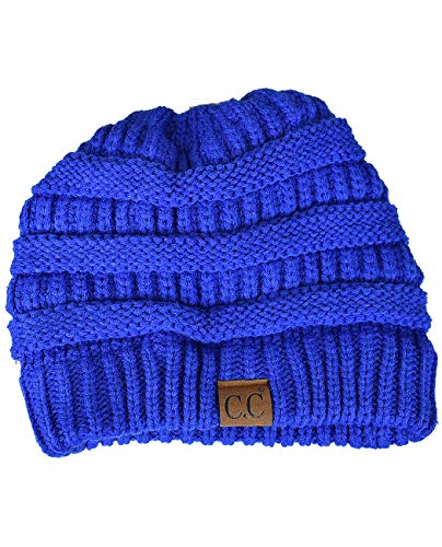 C.C Unisex Chunky Soft Stretch Cable Knit Warm Fuzzy Lined Skully Beanie - color: Royal