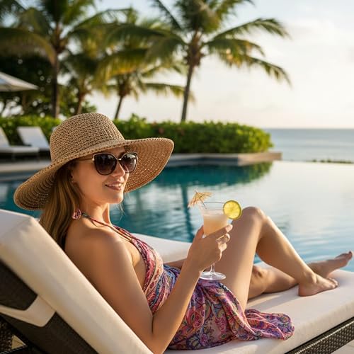 Womens Beach Sun Straw Hat Summer Floppy Wide Brim Foldable Packable - color: Aa Khaki