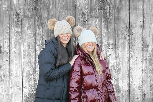 Funky Junque Women’s Double Pom Pom Beanie – Soft Knit Winter Hat for Women & Teens, Warm Cuffed Beanie with Faux Fur Poms - color: Beige/Natural Faux Fur, size: Small-X-Large