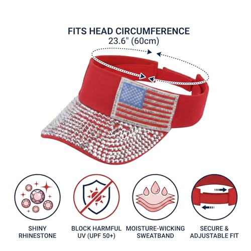 Bling Rhinestones Sun Visors Hats Golf Beach Open Top Visor Cap for Women - color: Red July 4th