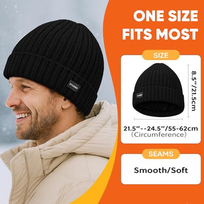 Winter Beanie Merino Wool Fleece Lined for Men Women Soft Warm Knit Hat Ski Stocking Cuffed Cap - color: Black