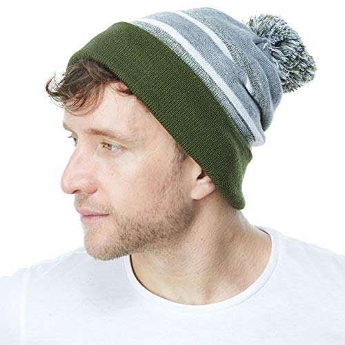 Winter Knit Beanie Hat with Pom Pom – Warm Cuffed Slouch Ski Cap for Men & Women - color: 1.olive and Grey With Pom