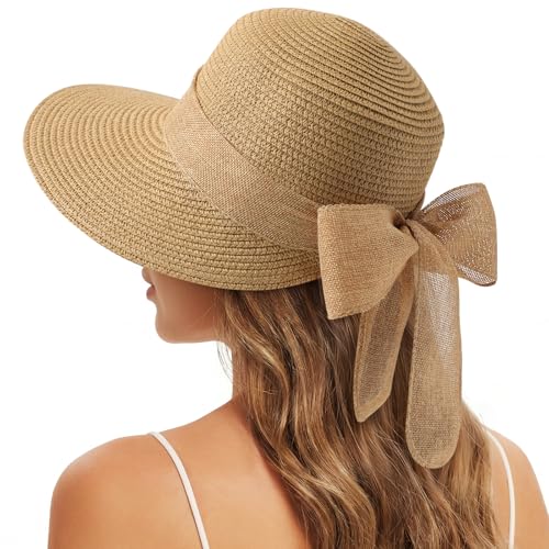 Pleneal Sun Hats for Women Straw Beach Hat Foldable Bowknot Summer Hat - color: Khaki