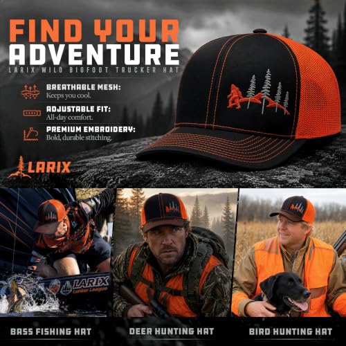 LARIX Trucker Hat Men - Snapback Cap with Breatheable Mesh Back, Hats for men, Mens Hat, Mens Trucker Hats - color: Black Orange (Wb)