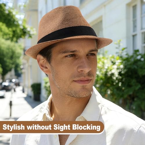 Straw Fedora Hats for Men Women, 1920s Short Brim Trilby Panama Hat Summer Beach Sun Cap - color: Coffee