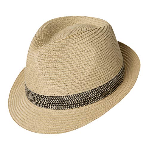 Fancet Packable Straw Fedora Panama Sun Summer Beach Hat Cuban Trilby Men Women 56-67cm - color: Beige-black, size: X-Large
