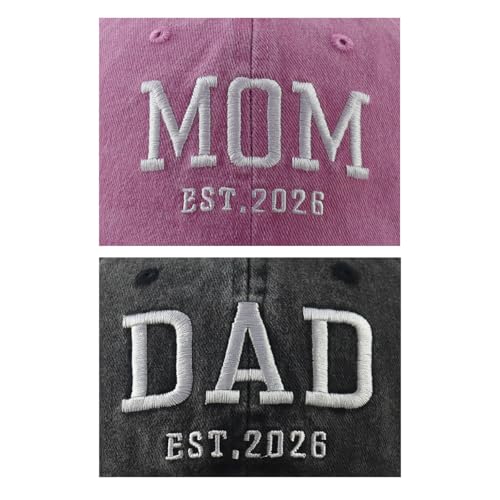 2PCS Mom and Dad EST 2027 2026 Hats for Women Men, New Parents Baseball Cap - color: Black and Pink