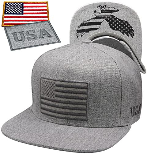Antourage American Flag Unisex Baseball Hat for Men and Women | USA Flag Mesh Snapback Cap with 2 Patriotic Patches - color: (75) Grey Flat Visor Snapback