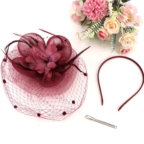Semato Fascinators Hats for Women Mesh Feathers Elegant Burgundy Tea Party Kentucky Hat Derby Headband with Hair Clip - color: Burgundy