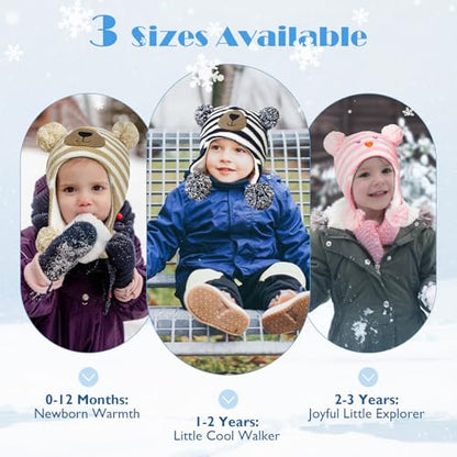 Baby Winter Hat Toddler Beanie Warm Fleece Lined Earflap Cap with Pom Pom - color: O1pc Bear Blue, size: 2-3T