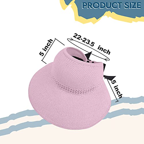Straw Sun Visor for Women, Wide Brim UPF 50+ Protection Beach Hat, Adjustable, Roll Up Foldable Ponytail Cap with Chin Strap - color: A Light Pink
