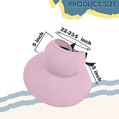 Straw Sun Visor for Women, Wide Brim UPF 50+ Protection Beach Hat, Adjustable, Roll Up Foldable Ponytail Cap with Chin Strap - color: A Light Pink