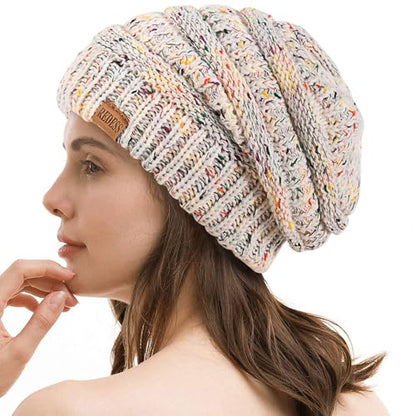 REDESS Slouchy Beanie Hat for Men and Women Winter Warm Knit Hat Chunky Soft Oversized Cable Cap - color: Treading White