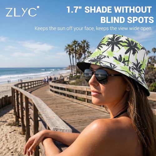 ZLYC Printed Bucket Hat for Women Men Packable Summer Sun Hat for Beach - color: Palm Tree Green