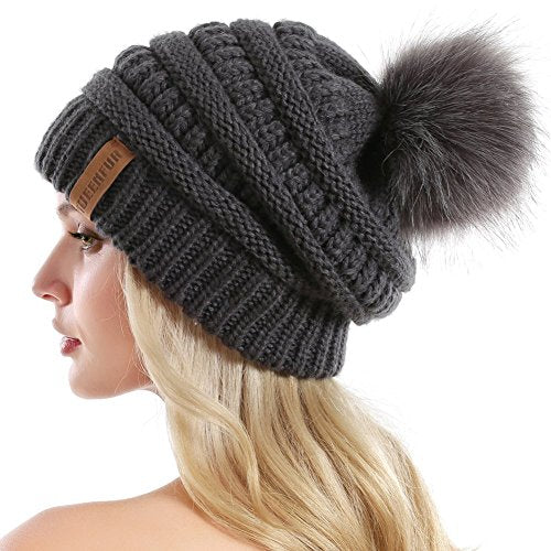 Women Knit Slouchy Beanie Chunky Baggy Hat with Faux Fur Pompom Winter Soft Warm Ski Cap - color: Dark Grey