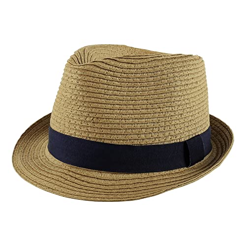 PEAK 2 PEAK Unisex Kids Straw Trilby Fedora Cap Felt Fedora Hat Short Brim Sunhat - color: Navy Band, size: 14-16 Years