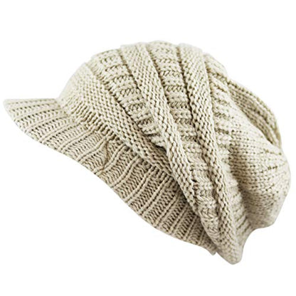 The Hat Depot - Visor Beanie Unisex Winter Knit Skull Beanie with Brim Hat - color: 1. Beige