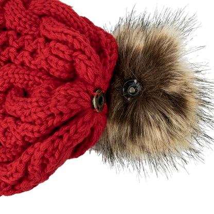 TOPTIE Slouchy Knit Beanie Hat for Women Faux Fur Pom Pom Fleece Lined - color: Red