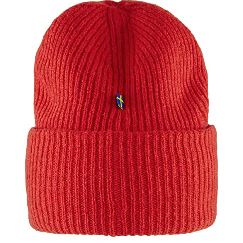 Fjällräven 1960 Logo Hat Beanie - Knit Winter Cap with Folded Cuff, Warm Soft Everyday Outdoor Hat - color: True Red