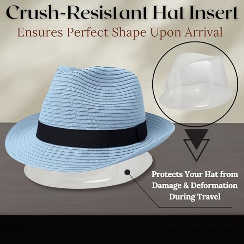 Funky Junque Packable Straw Fedora, Mens Panama Trilby Hat - color: Light Blue, size: Small-Medium