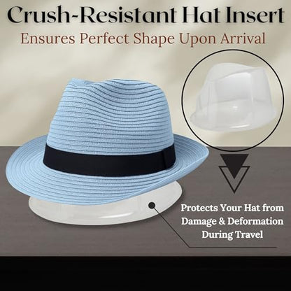 Funky Junque Packable Straw Fedora, Mens Panama Trilby Hat - color: Light Blue, size: Small-Medium