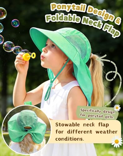 Rosoz Kids Sun Hat with Neck Flap UV Protection Summer Toddler Beach Hat Unisex Ponytail Hat Wide Brim Fishing Hat - color: 1pack-light Cyan Green