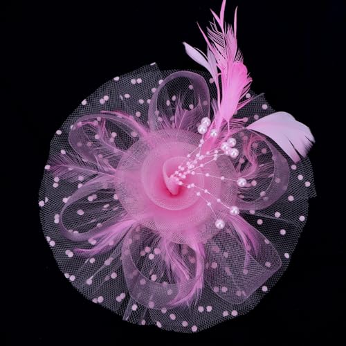 Womens Fascinators Hats and Gloves Set Short Lace Gloves Tea Party Flower Mesh Hair Clips - color: Pink