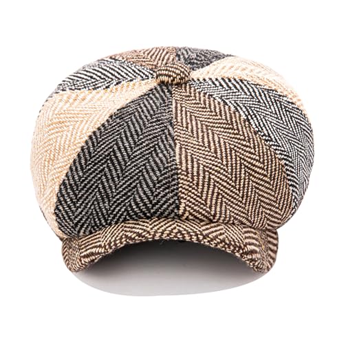 Men's Wool Newsboy Cap 8-Panel Tweed Taxi Hat Herringbone Gatsby Flat Hats - color: Multi-color