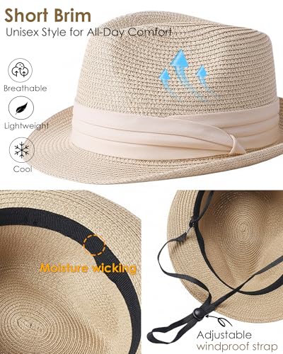 Straw Sun Hat for Men Women Short Brim Beach Trilby Hat UPF 50+ - color: Beige