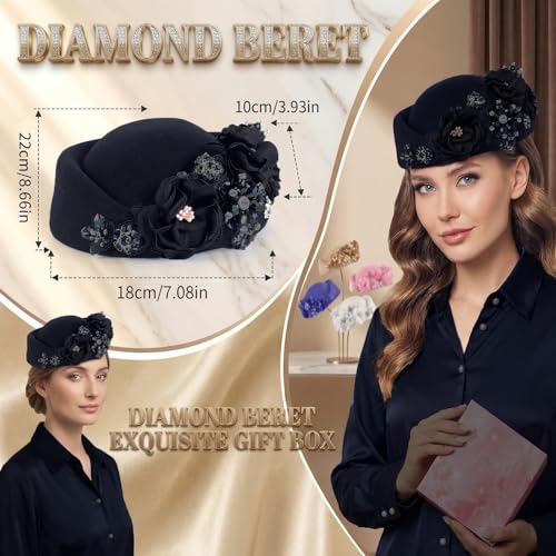 Petaluna Women's Flower Beret Suitable for Church Wearing Elegant Breathable Wedding Party Retro French Headdress - color: Black