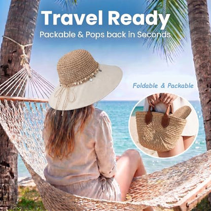 Women’s Packable Sun Hat, Wide Brim Foldable Beach Hat, UPF 50+ UV Protection Travel Summer Hat with Adjustable Fit - color: Beige