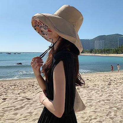 HUAMULAN Women Summer Vacation Wide Brim Sun Hat Reversible Fishing Hats - color: Khaki