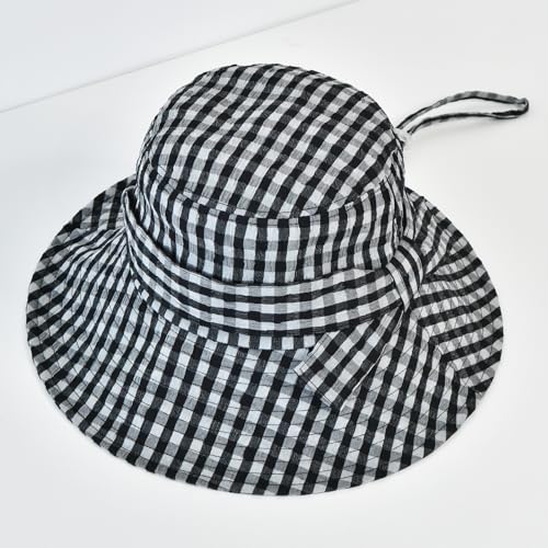 Women's Summer Plaid Sun Hat 100% Cotton Beach UV Protection Fishing Hat - color: Black