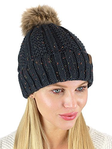C.C Thick Cable Knit Faux Fuzzy Fur Pom Fleece Lined Skull Cap Cuff Beanie - color: Confetti Dark Melange Gray
