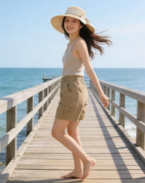 Foldable Wide Brim Straw Sun Hat for Women, UV Protection Packable Travel Summer Beach Hat Cream Color Lightweight Outdoor Festival Sun Hat